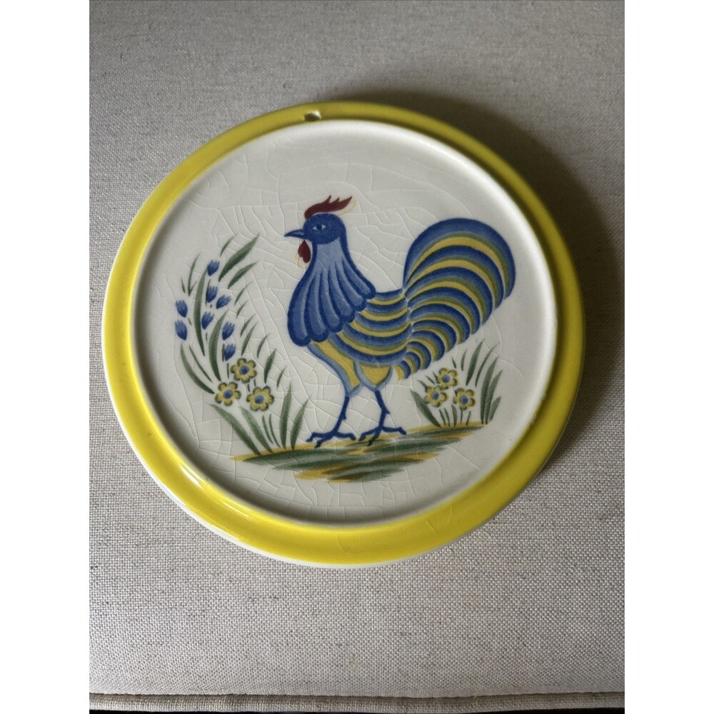 Vintage Mann Japan PROVINCIAL Rooster Trivet Hand Painted Ceramic Farmhouse